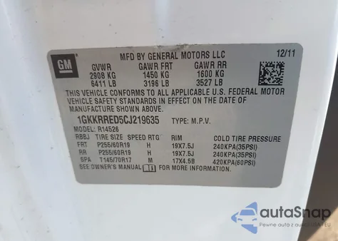 2012 GMC Acadia Slt-1 z USA, uszkodzony, nr VIN 1GKKRRED5CJ219635